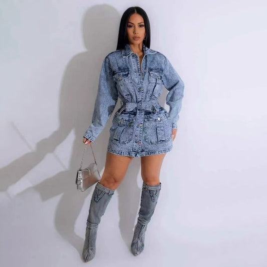 Vestido vaquero informal de manga larga para mujer