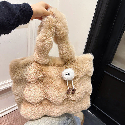 Women Fashion Casual Solid Color Plush Tote Bag