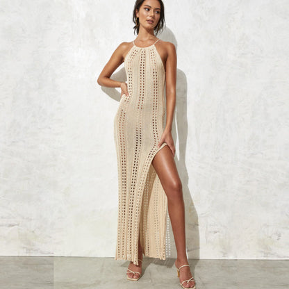 Women Sexy Solid Color Side Split Backless Dress