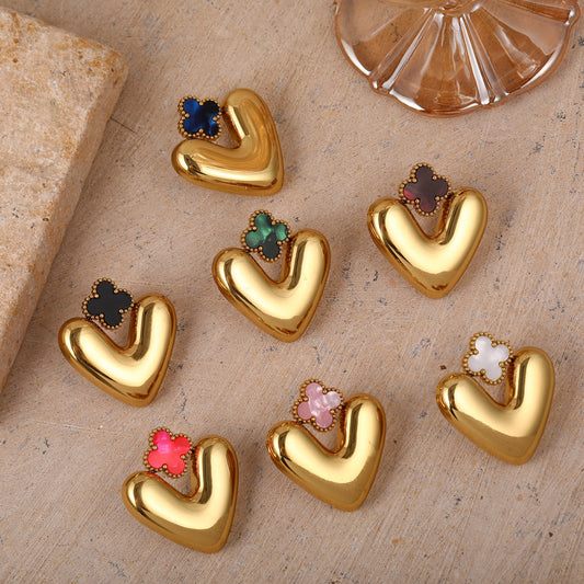 Personalized Heart-Shaped Four-Leaf Clover Earrings Stainless Steel Fashion OL