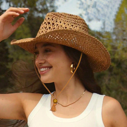 Sombrero de paja tejido a mano estilo occidental, informal, para mujer