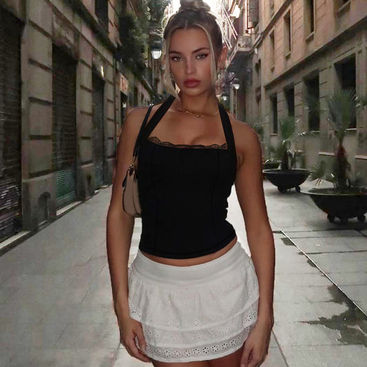 Women Fashion Sexy Halter-Neck Backless Lace-Up Crop Top