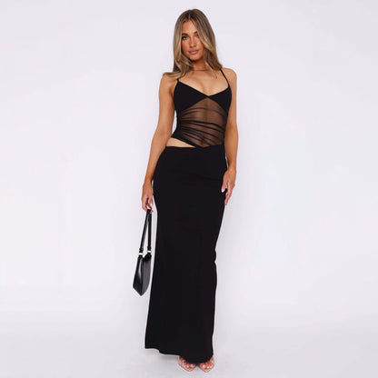 Women Fashion Solid Color Mesh Sleeveless Camisole and A-Line Skirt Set