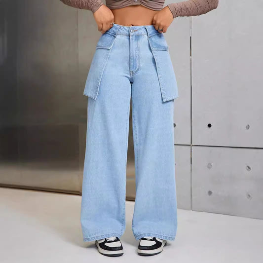 Women Casual Wide Leg Denim Pants with Large Pockets