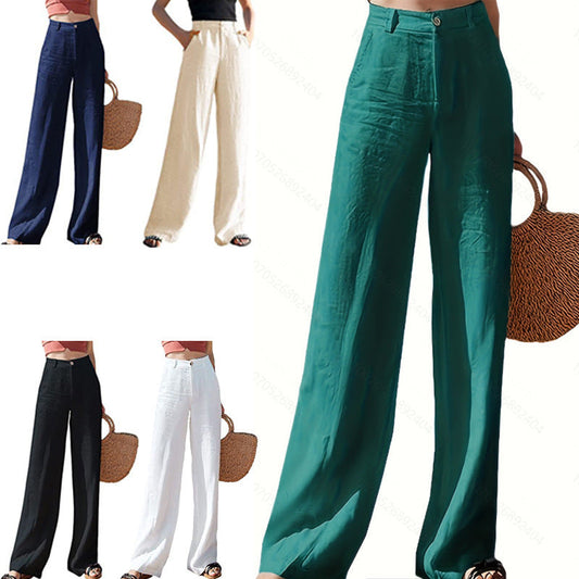 Pantalones casuales holgados de lino de pierna ancha a la moda para mujer