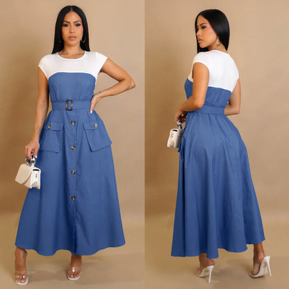 Women Casual Elegant Denim Stitching Color Contrast Dress