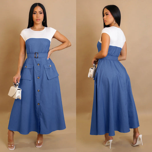Women Casual Elegant Denim Stitching Color Contrast Dress
