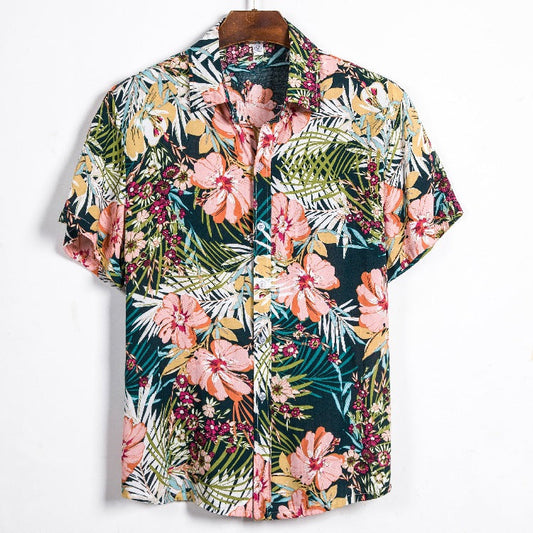 Camisa informal de verano con estampado de flores pequeñas para hombre