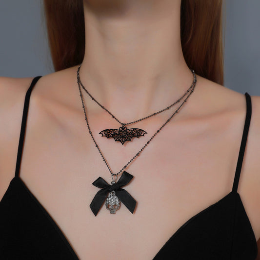 Collar retro de Halloween con lazo y calavera de murciélago para mujer