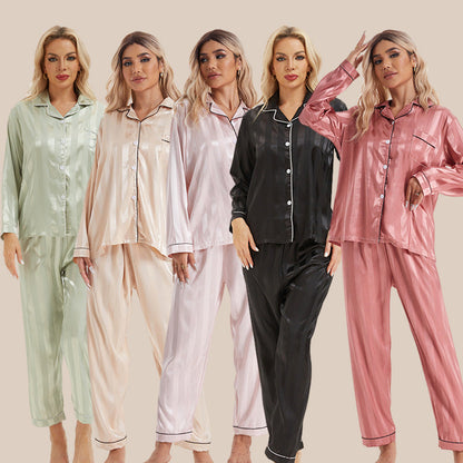 Ensemble de pyjama à rayures épaisses en imitation soie pour femme, simple et décontracté