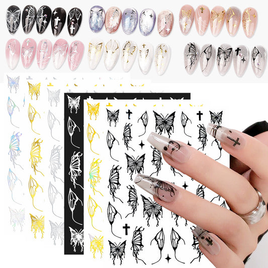 Autocollant pour nail art papillon liquide gothique or et argent laser