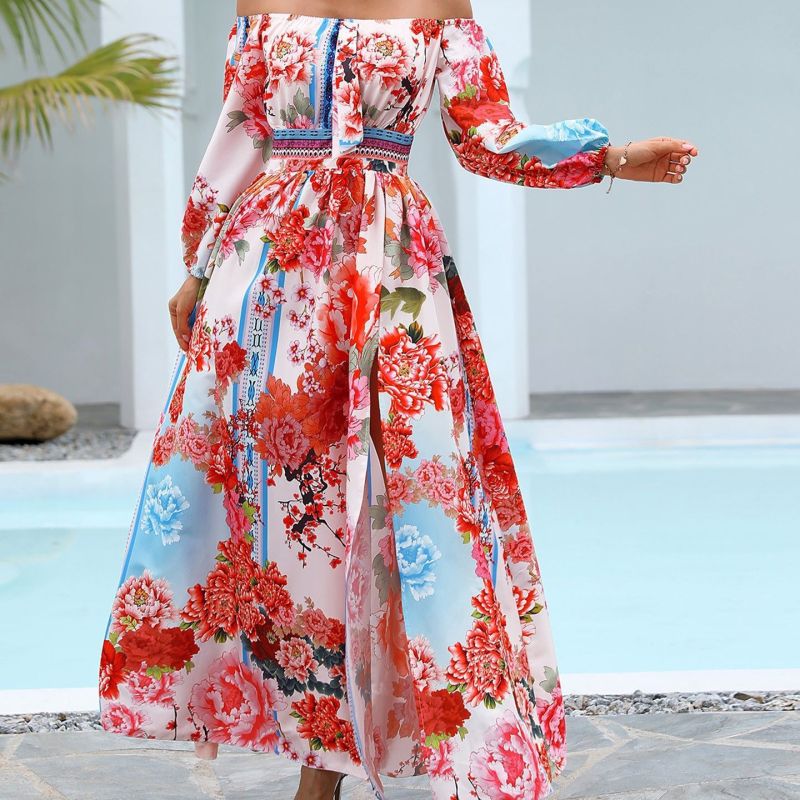 Women Fashion Boho Style Floral Printed Off-Shoulder Maxi Dress