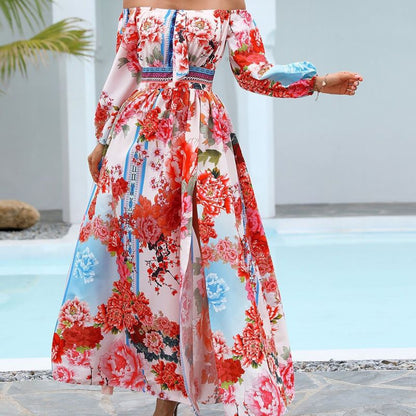Women Fashion Boho Style Floral Printed Off-Shoulder Maxi Dress