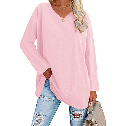 Women Casual Solid Color V-Neck Long Sleeve Blank T-Shirt