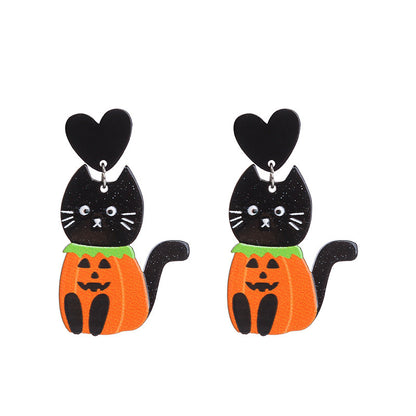Pendientes acrílicos divertidos de calabaza y gato para Halloween para mujer