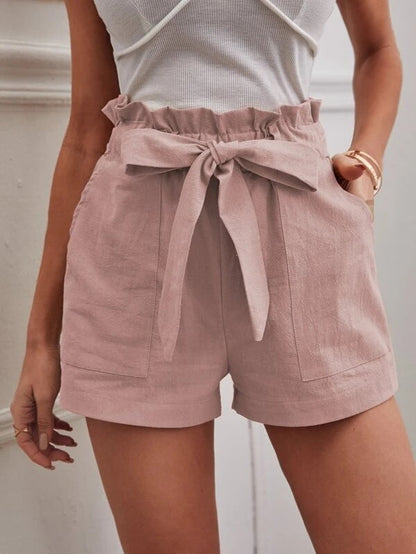 Pantalones cortos casuales de lino sueltos de cintura alta para mujer