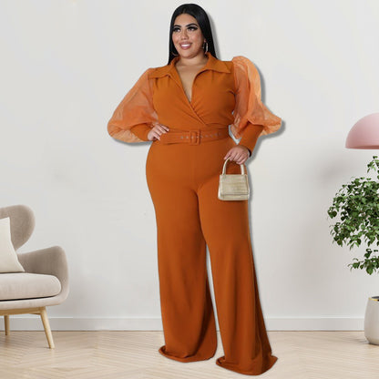 Plus Size Women Color Contrast Collar Jumpsuits