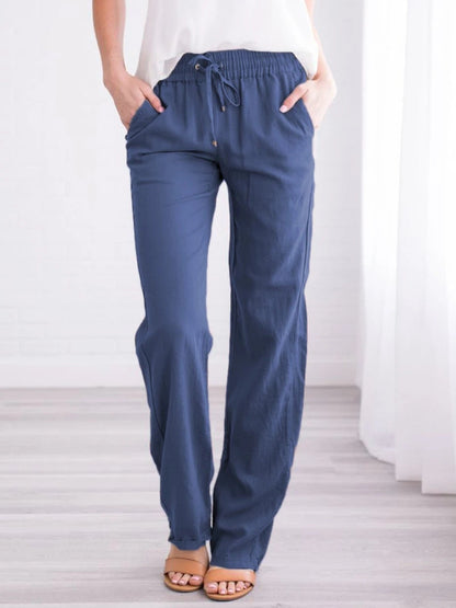 Women Casual Solid Color Cotton Linen Drawstring Pants