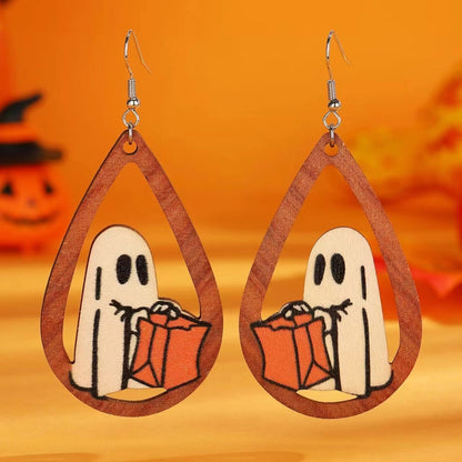 Halloween Women Cartoon Gothic Black Cat Ghost Pumpkin Wooden Earrings