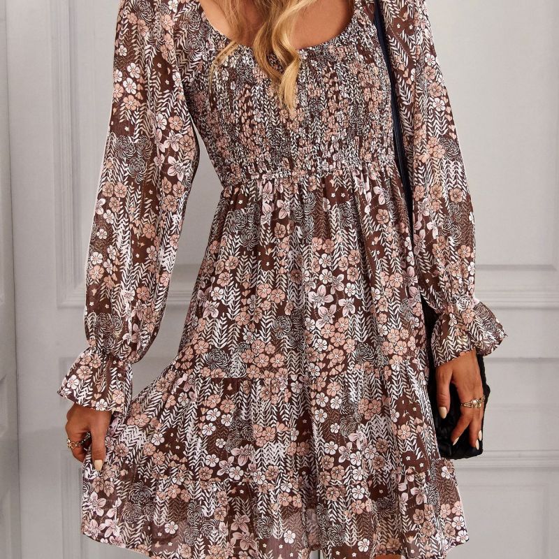 Women's Fashion Boho Style Floral Printing U-Neck Ruffled Dress
