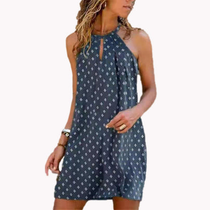 Vestido informal bohemio con estampado floral y cuello halter calado para mujer, talla grande