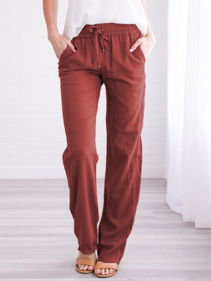 Women Casual Solid Color Cotton Linen Drawstring Pants