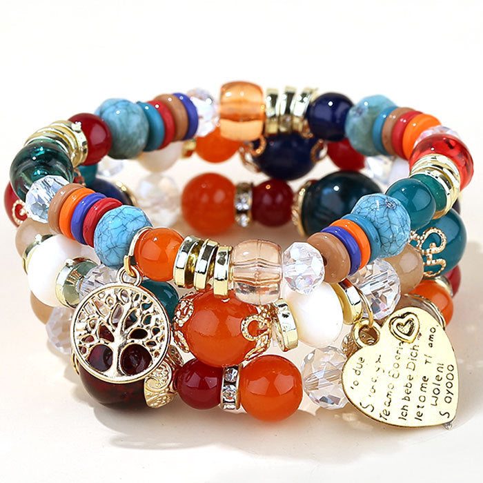 Conjunto de pulseras de cuentas con dijes de árbol y corazón bohemio