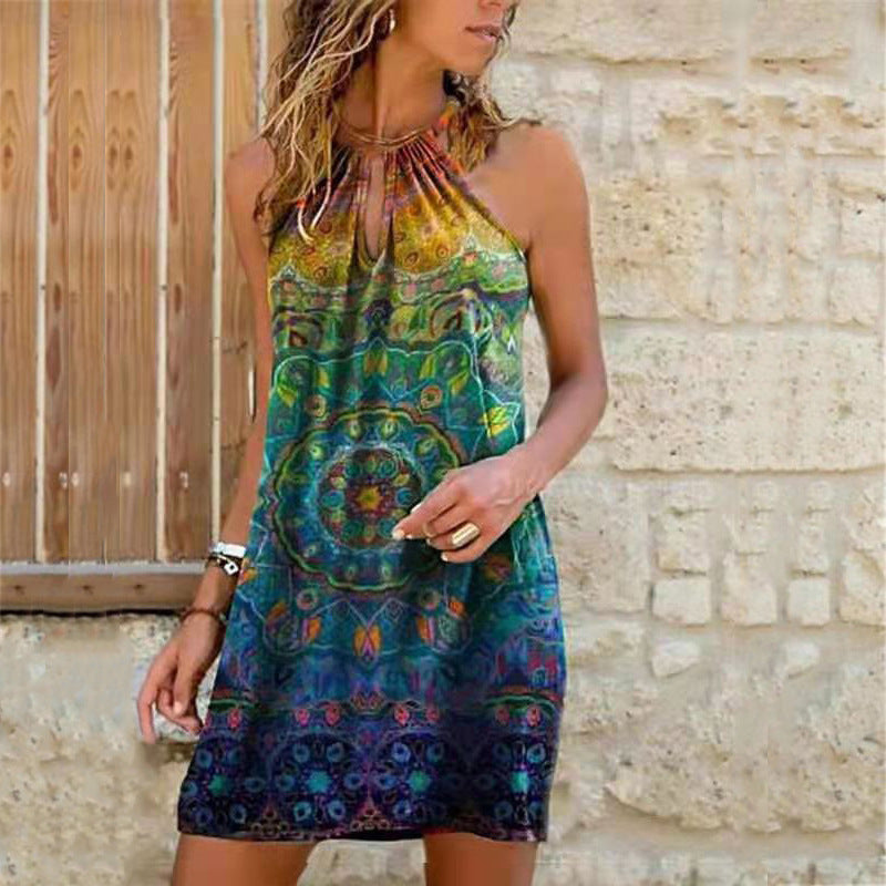 Vestido informal bohemio con estampado floral y cuello halter calado para mujer, talla grande