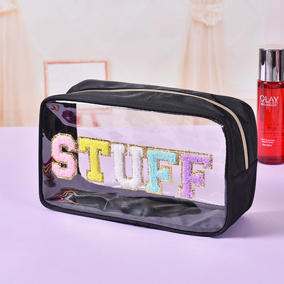 Bolsa de cosméticos impermeable de PVC transparente con letras bordadas