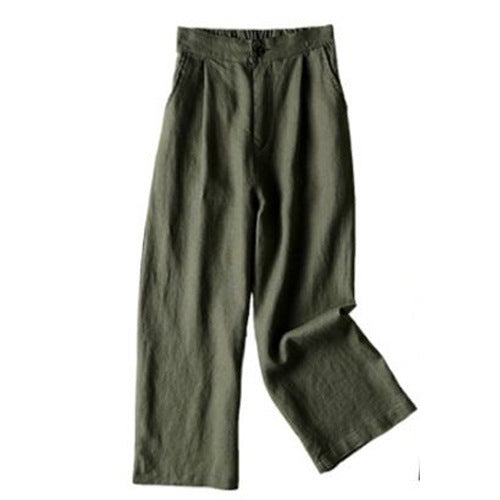 Women Fashion Casual Solid Color Linen Loose Cropped Pants
