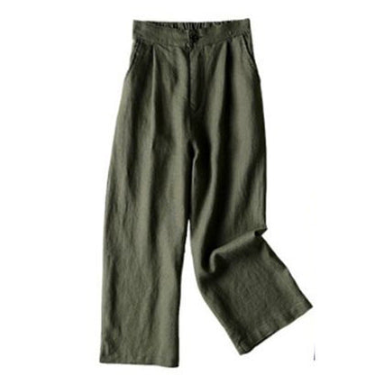 Women Fashion Casual Solid Color Linen Loose Cropped Pants