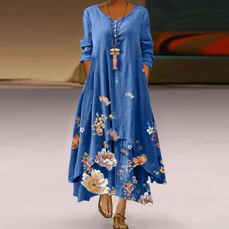 Fashion Boho Floral Printed Long Sleeve Women Irregular Hem Maxi Loose Dress