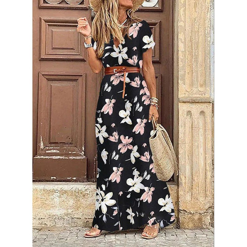 Women Fashion Bohemian V-Neck Tiny Flower Print Short Sleeve Maxi Dress