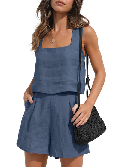 Conjunto de camiseta sin mangas y pantalones cortos de lino liso informal de verano para mujer