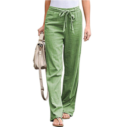 Women Solid Color Linen High Waist Lace Up Wide Leg Pants