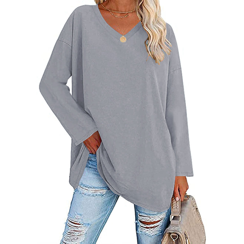 Women Casual Solid Color V-Neck Long Sleeve Blank T-Shirt