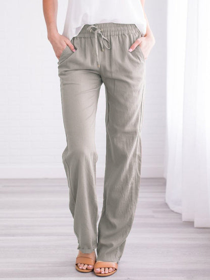 Women Casual Solid Color Cotton Linen Drawstring Pants