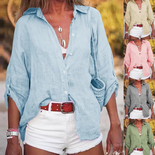 Camisa informal de lino y algodón de manga larga de color liso para mujer