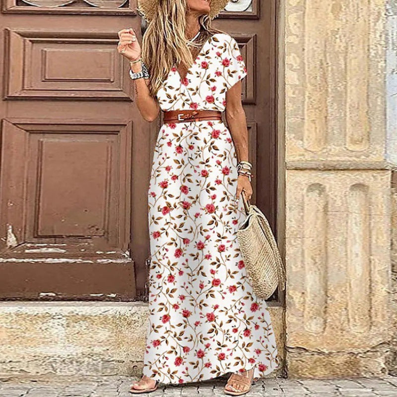 Women Fashion Bohemian V-Neck Tiny Flower Print Short Sleeve Maxi Dress