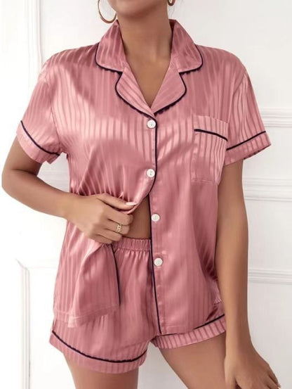 Women Cozy Homewear Short-Sleeved Imitation Silk Satin Pajamas