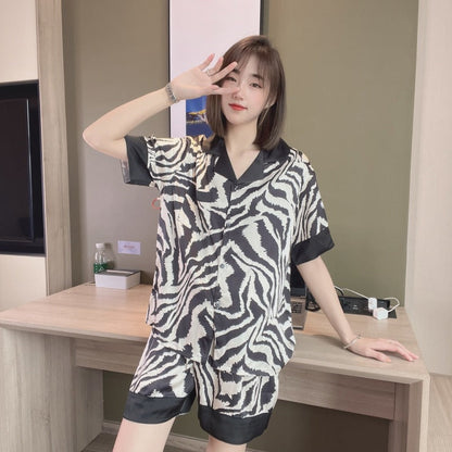 Summer Pajamas Women Ice Silk Leopard Print Cute Sleepwear