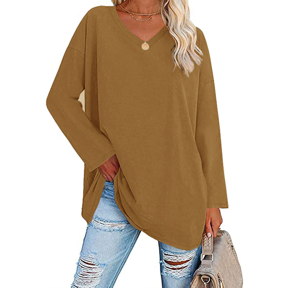 Women Casual Solid Color V-Neck Long Sleeve Blank T-Shirt