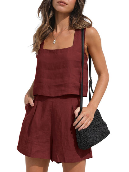 Conjunto de camiseta sin mangas y pantalones cortos de lino liso informal de verano para mujer