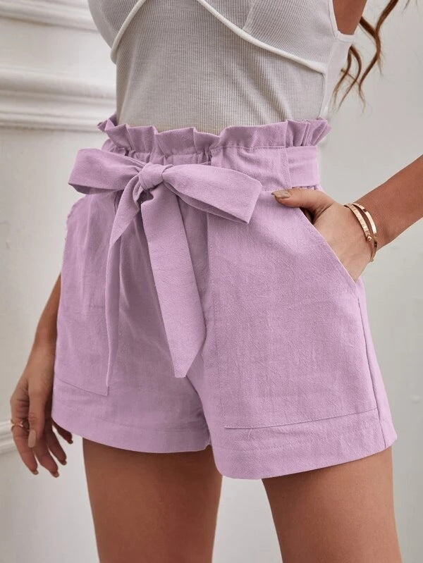 Pantalones cortos casuales de lino sueltos de cintura alta para mujer
