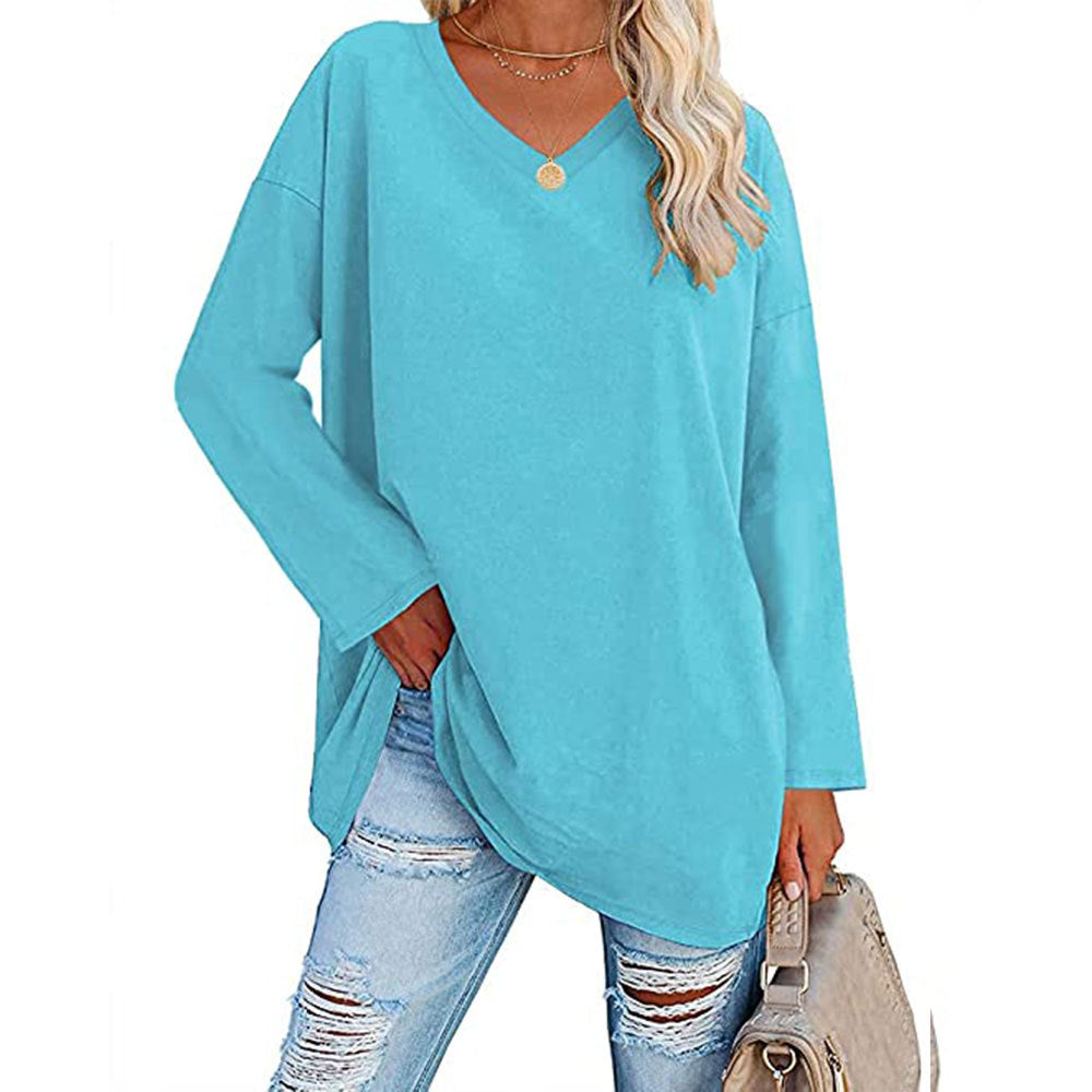 Women Casual Solid Color V-Neck Long Sleeve Blank T-Shirt