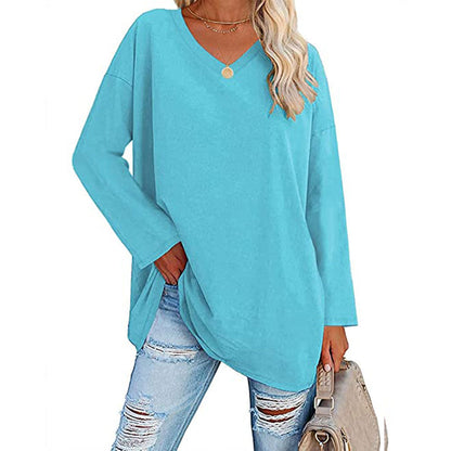 Women Casual Solid Color V-Neck Long Sleeve Blank T-Shirt