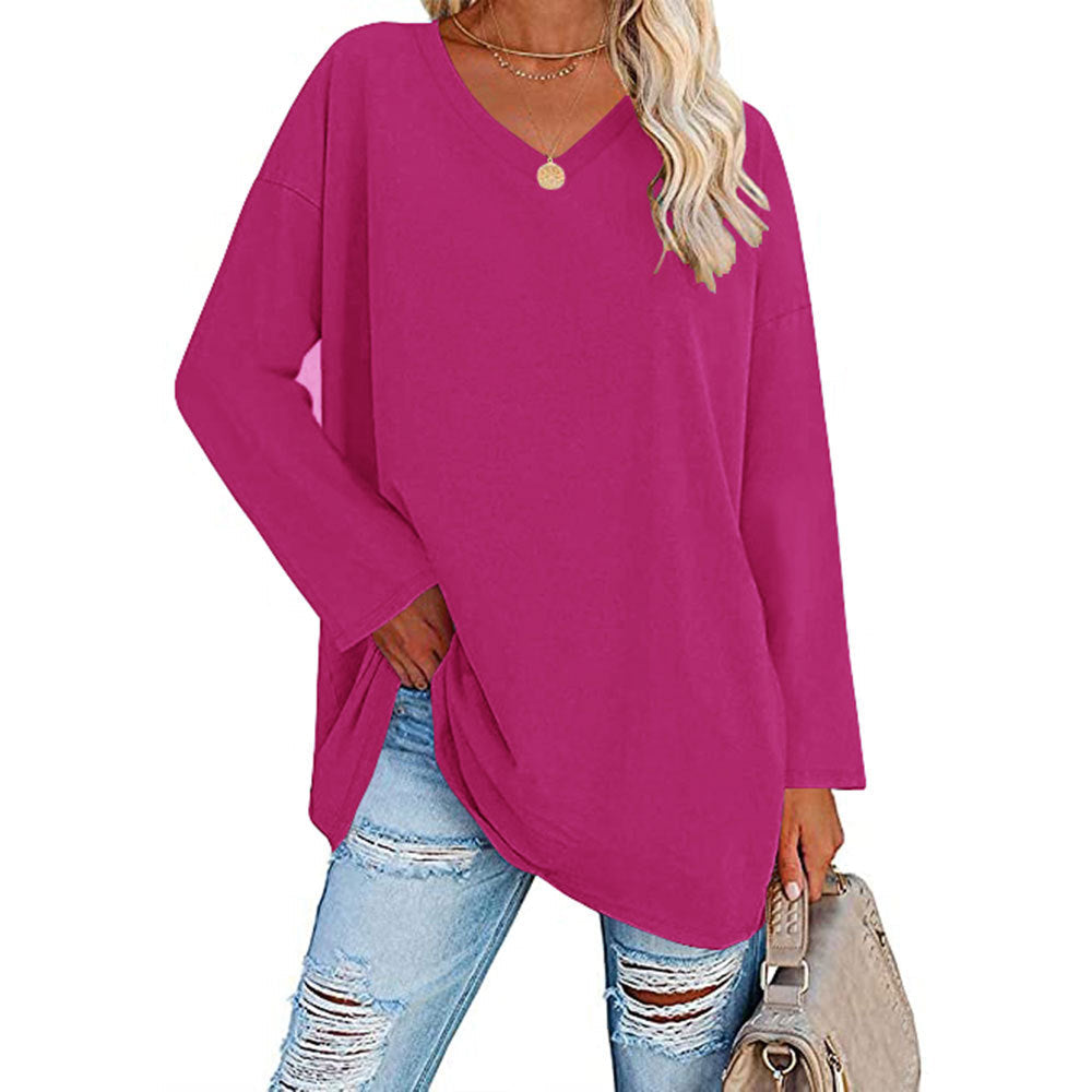 Women Casual Solid Color V-Neck Long Sleeve Blank T-Shirt
