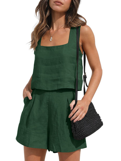 Conjunto de camiseta sin mangas y pantalones cortos de lino liso informal de verano para mujer