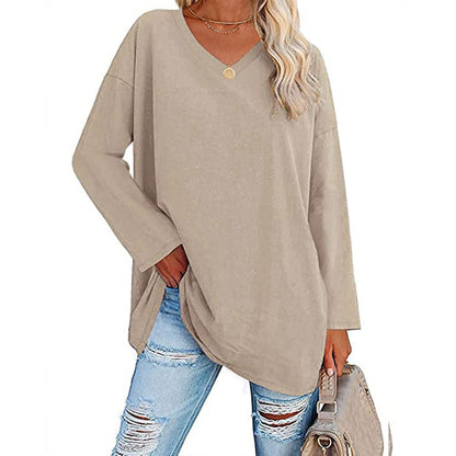 Women Casual Solid Color V-Neck Long Sleeve Blank T-Shirt