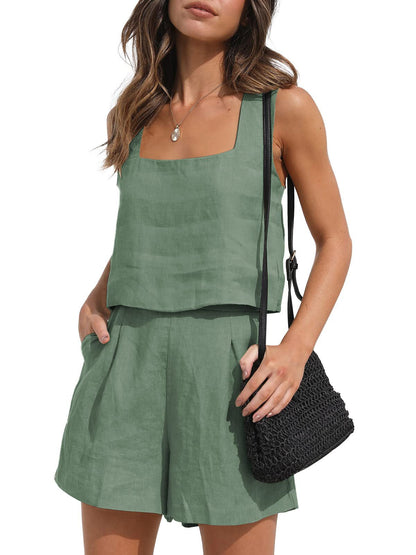Conjunto de camiseta sin mangas y pantalones cortos de lino liso informal de verano para mujer